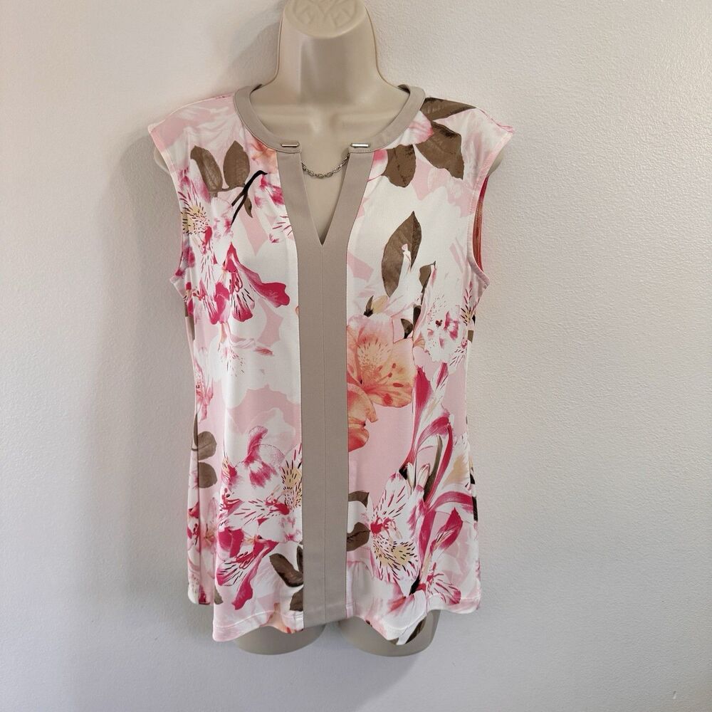 NWT Calvin Klein Tank Top Shirt S Floral V-neck Beige Pink White Jersey Stretch